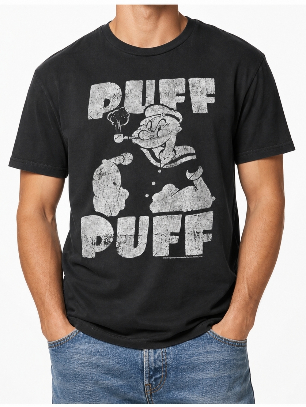 Popeye “Puff Puff” Graphic Tee Black Vintage Style Cartoon T-Shirt Size Large
